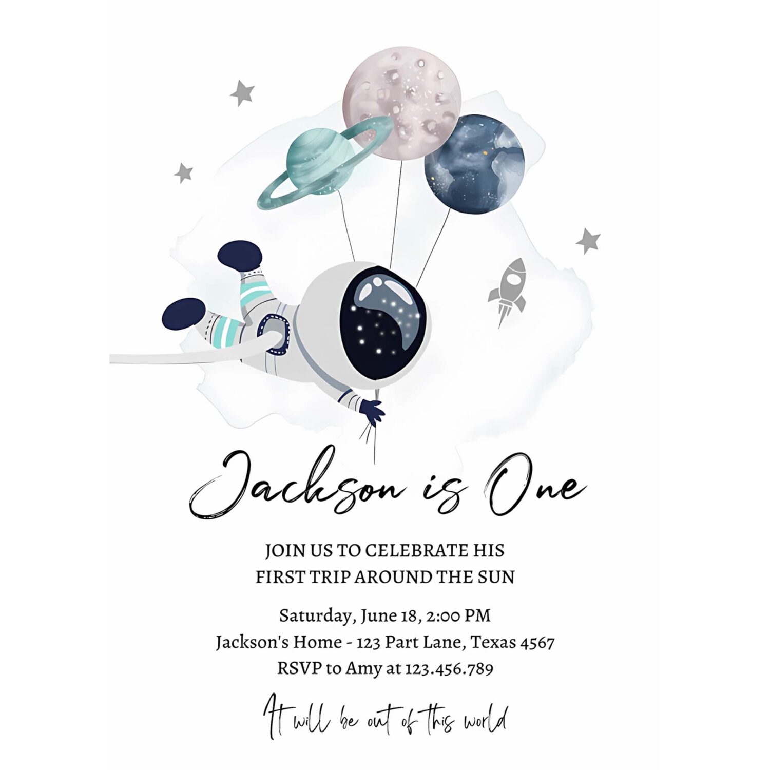 Editable outer space birthday party invitation out of this world astronaut trip around the sun download printable template digital corjl 0366 4