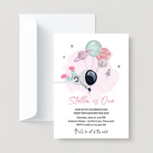 Editable outer space birthday party pink girl out of this world astronaut trip around the sun download printable template digital corjl 0366 2
