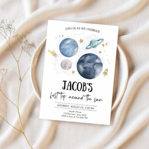 Editable outer space first birthday invitation galaxy blast off first trip around the sun party invitation 1