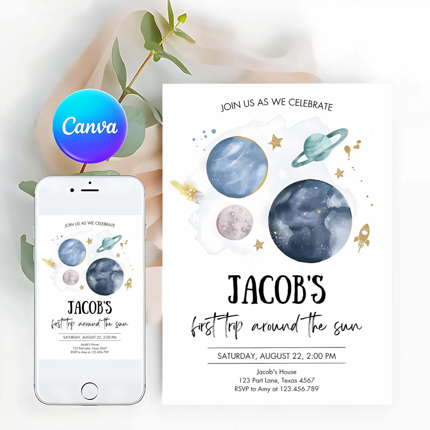 Editable outer space first birthday invitation galaxy blast off first trip around the sun party invitation