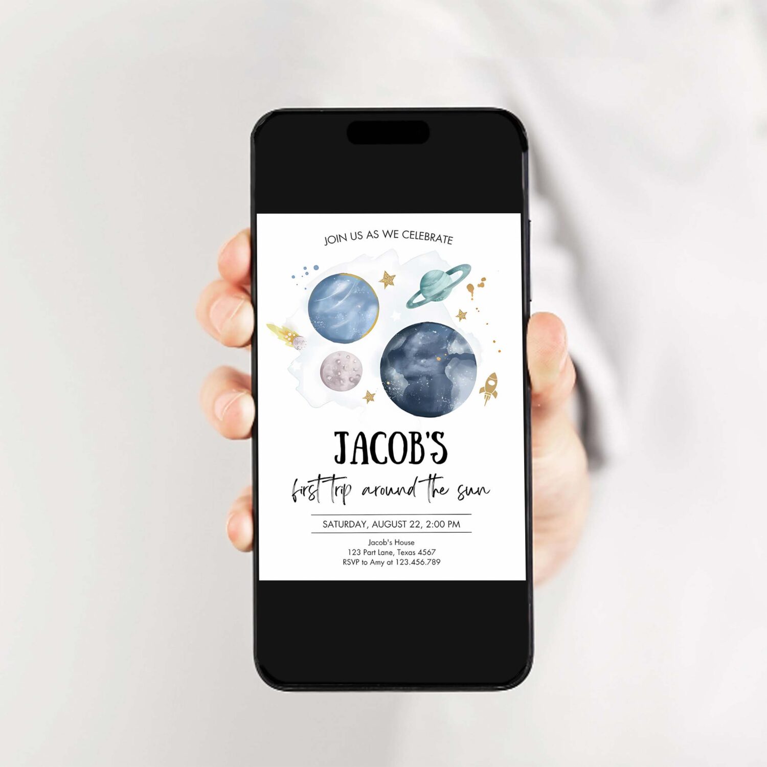 Editable outer space first birthday invitation galaxy blast off first trip around the sun party invitation 2