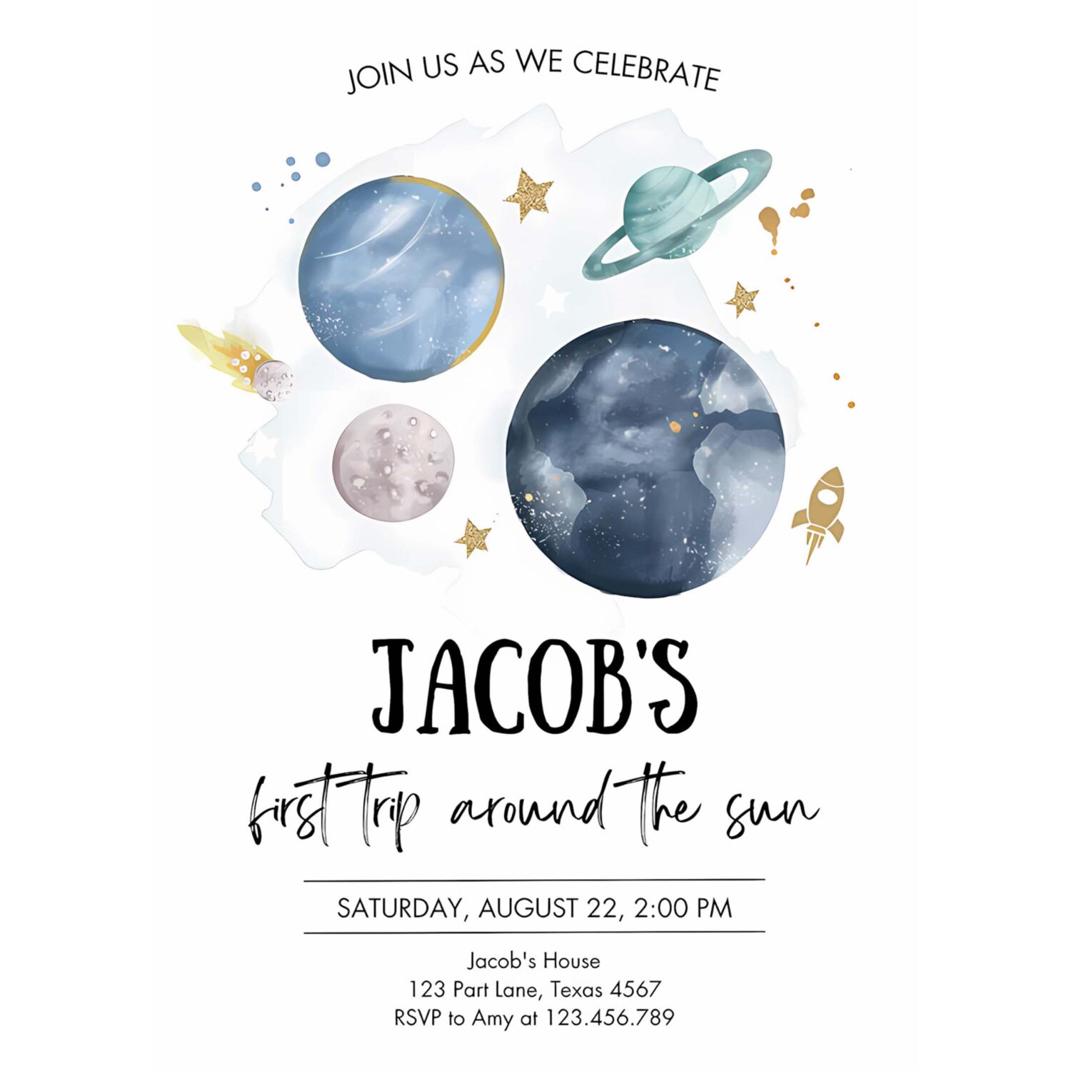 Editable outer space first birthday invitation galaxy blast off first trip around the sun party invitation 4