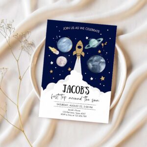 Editable outer space first birthday invite galaxy blast off first trip around the sun party invitation 1