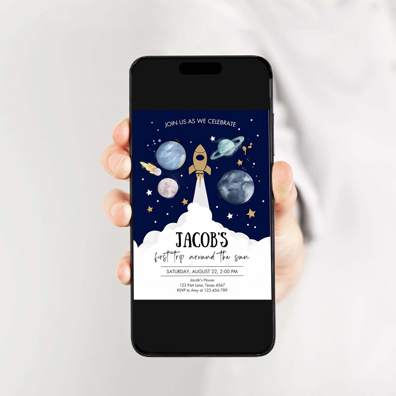 Editable outer space first birthday invite galaxy blast off first trip around the sun party invitation 2