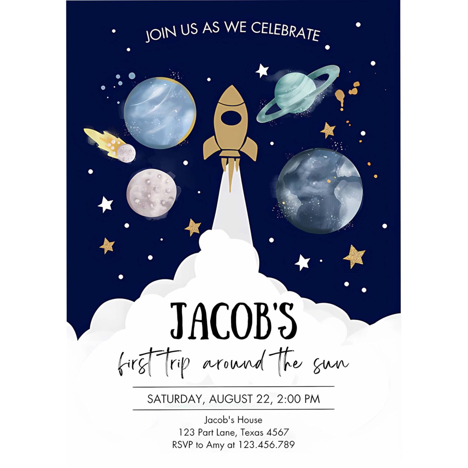 Editable outer space first birthday invite galaxy blast off first trip around the sun party invitation 4