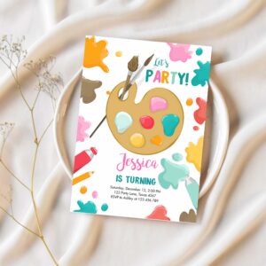 Editable painting invitation art party birthday invite girl pink paint craft party download printable template digital corjl 0319 1