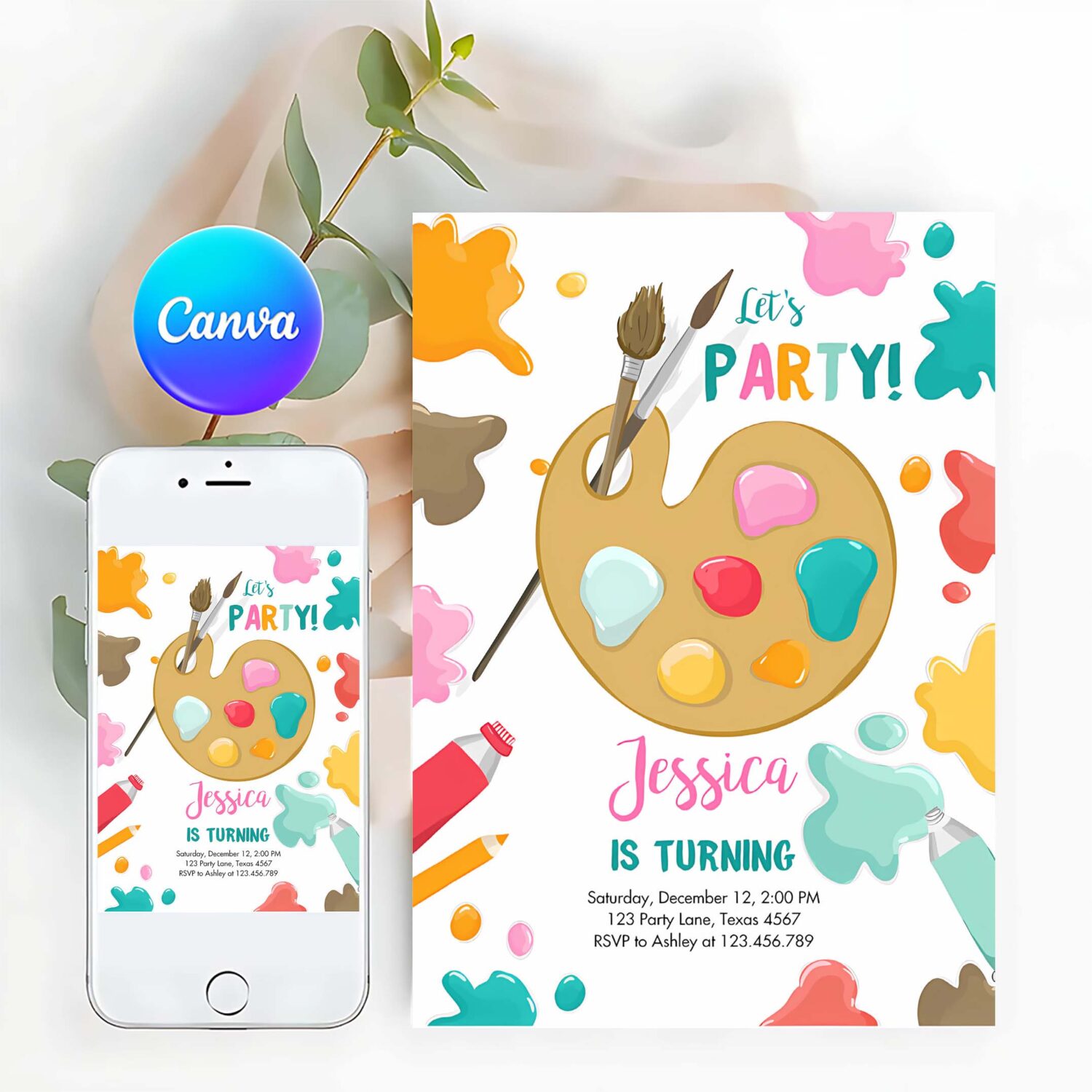Editable painting invitation art party birthday invite girl pink paint craft party download printable template digital corjl 0319