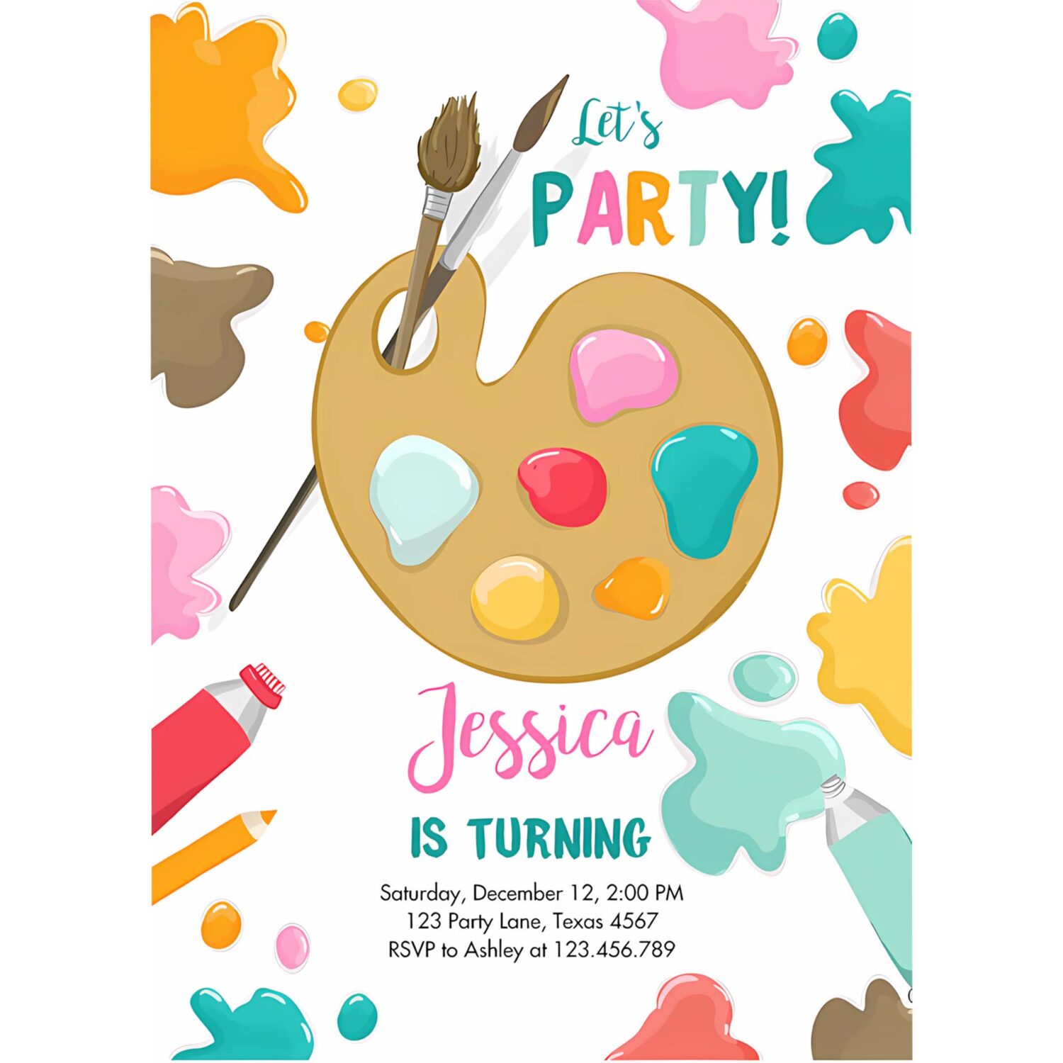 Editable painting invitation art party birthday invite girl pink paint craft party download printable template digital corjl 0319 4
