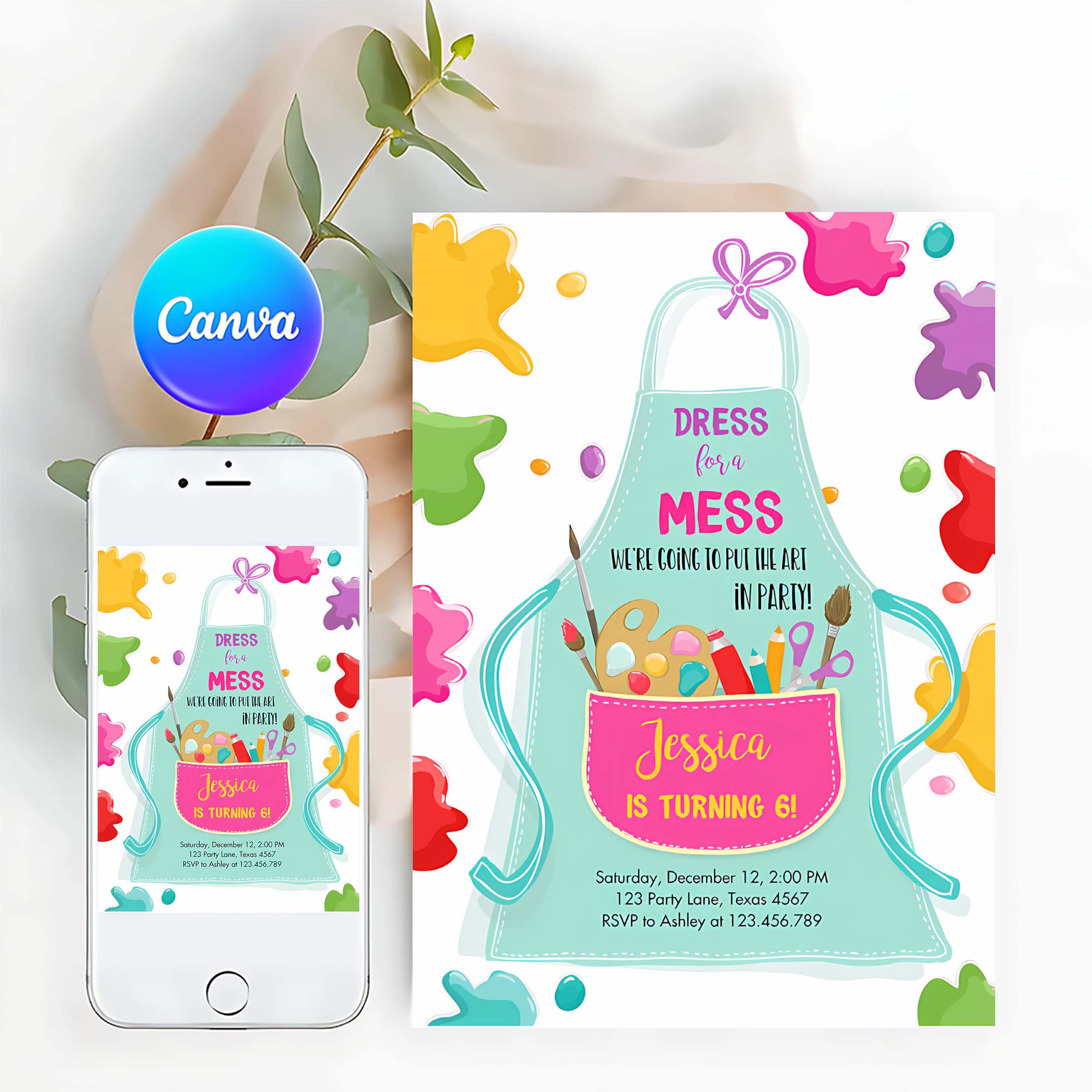 Editable Painting Party Invitation Art Party Birthday Invitation Girl Pink Paint Craft Party Download Printable Template Digital Corjl