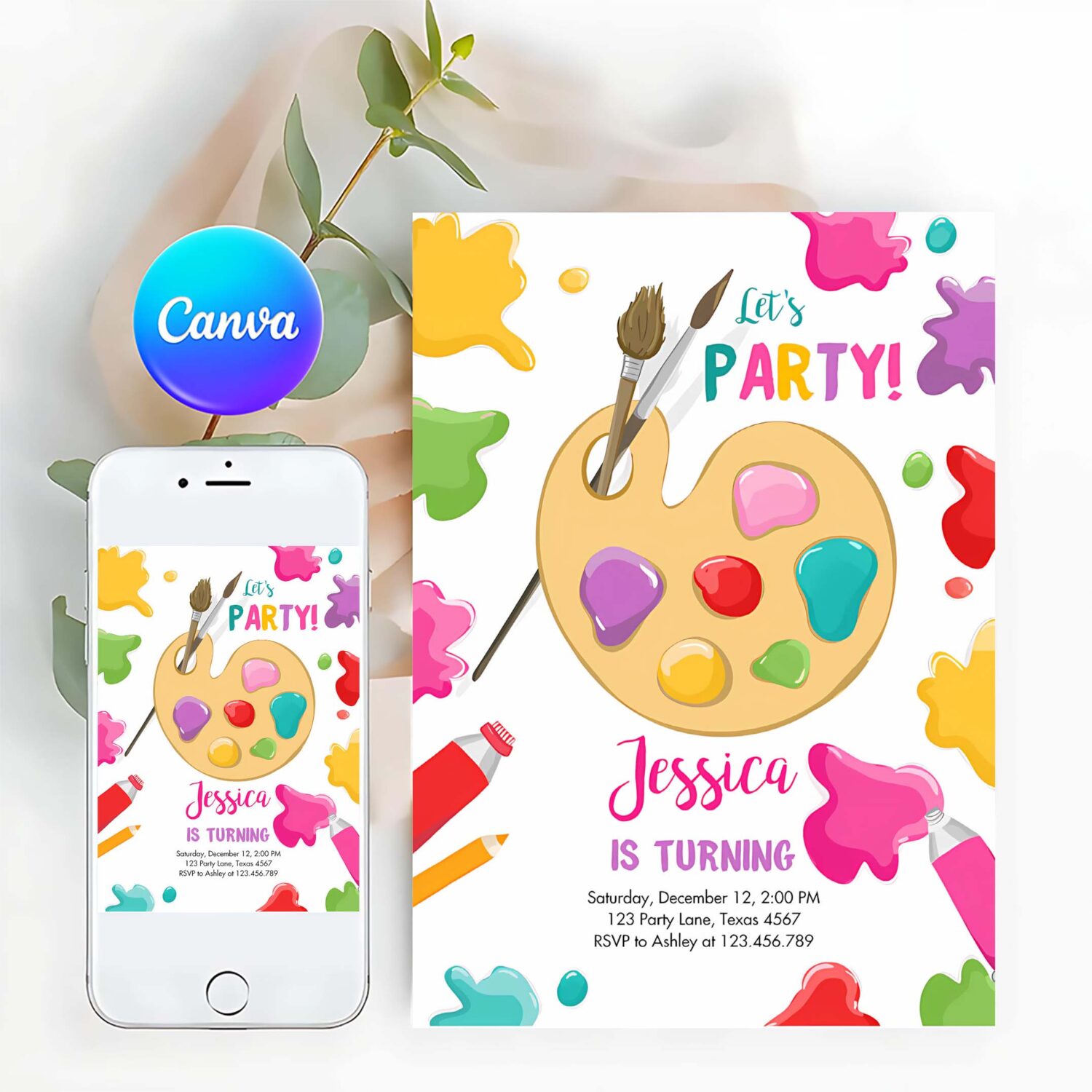Editable painting party invitation art party birthday invite girl pink paint craft party download printable template digital corjl 0319