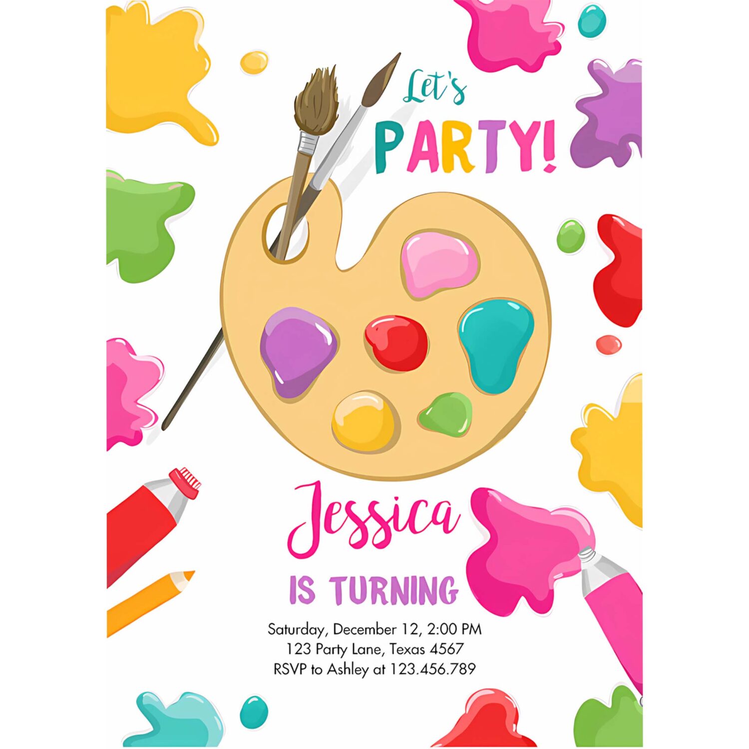 Editable painting party invitation art party birthday invite girl pink paint craft party download printable template digital corjl 0319 4