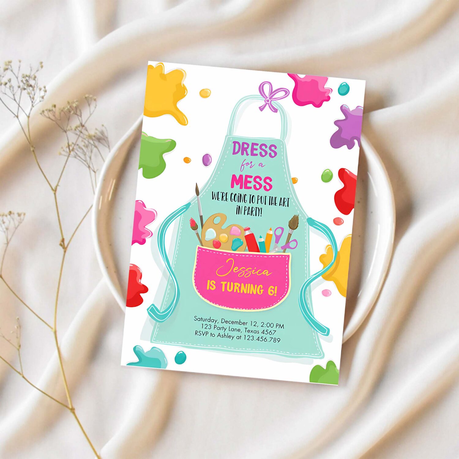 Editable painting party invitation art party birthday invite girl pink paint craft party invitation 1