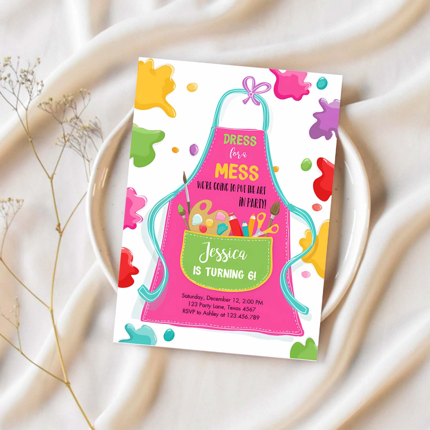 Editable painting party invitation art party invite girl pink paint craft party download printable template digital corjl 0319 1