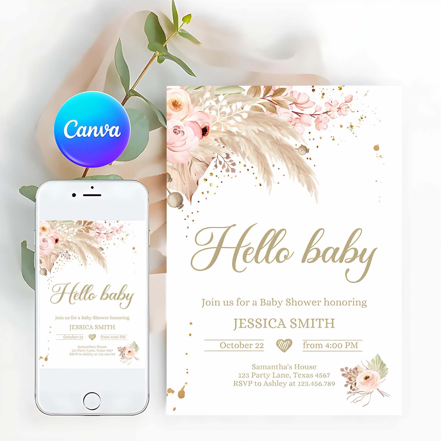 Editable pampas grass baby shower invitation boho baby shower bohemian shower tropical download printable invitation template corjl 0395