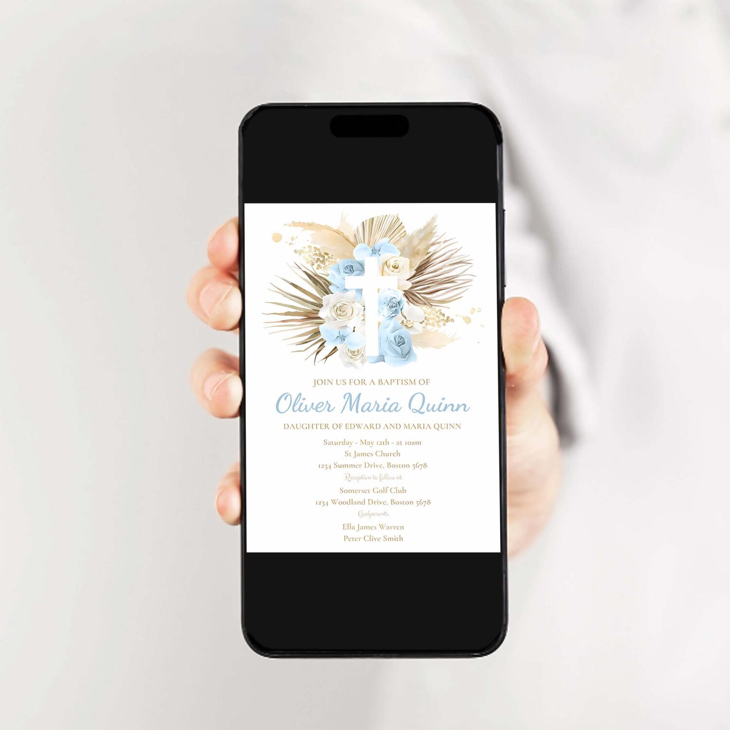 Editable pampas grass baptism invitation bohemian baptism invitation boho baptism christening 1st communion invitation 2