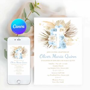 Boho Pampas Invitation, Pampas Grass Baptism Invitation