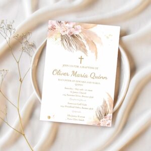 Editable pampas grass baptism invite bohemian baptism invitation boho baptism christening 1st communion invitation 1