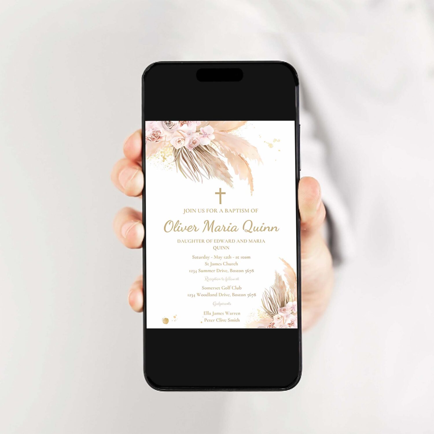 Editable pampas grass baptism invite bohemian baptism invitation boho baptism christening 1st communion invitation 2