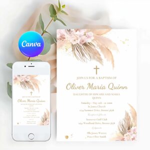 Boho Pampas Invitation, Pampas Grass Baptism Invitation Bohemian Baptism Invitation
