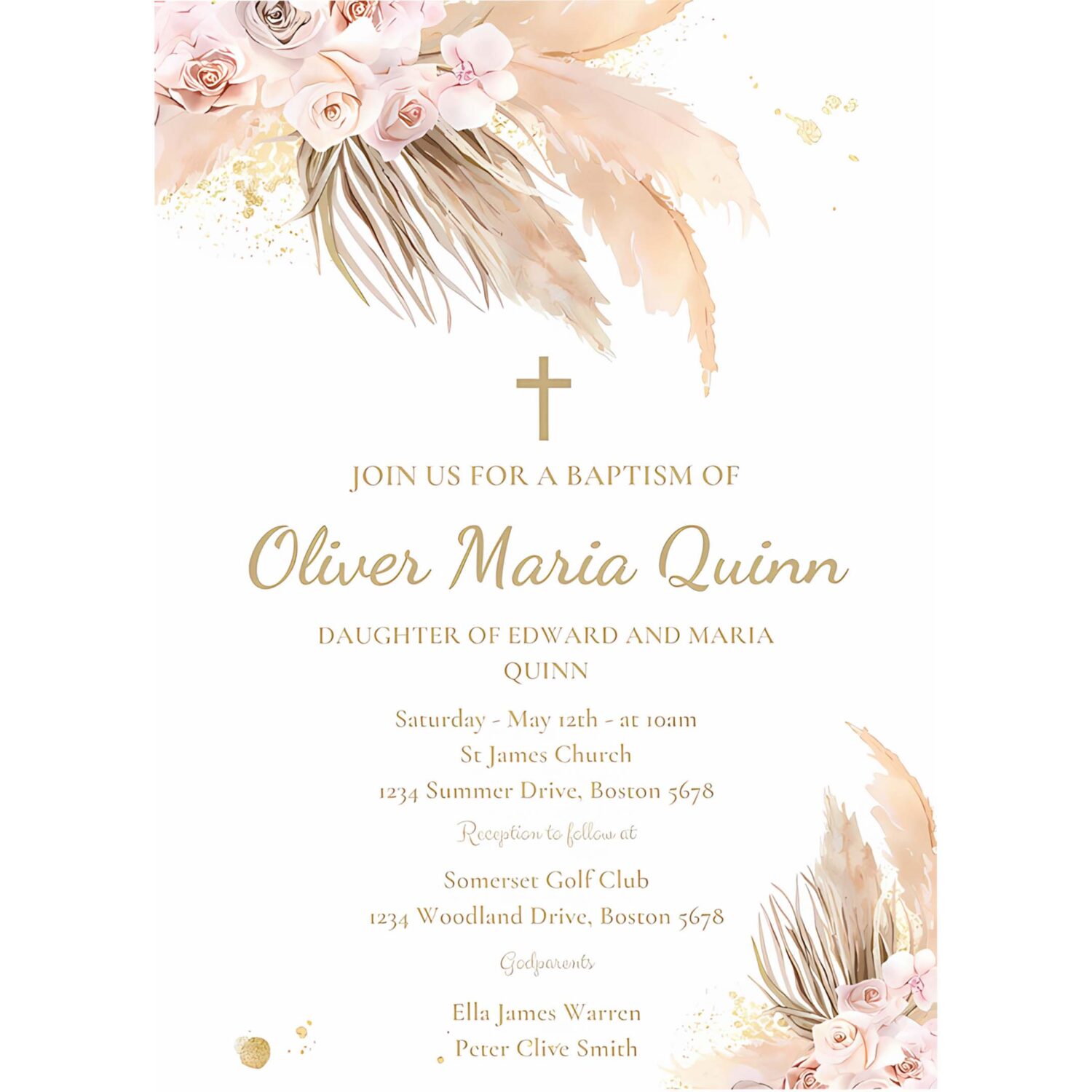 Editable pampas grass baptism invite bohemian baptism invitation boho baptism christening 1st communion invitation 4