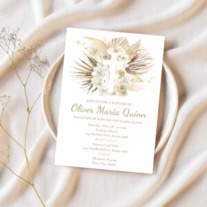 Editable pampas grass baptism party invitation bohemian baptism invitation boho baptism christening 1st communion invitation 1