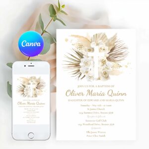 Boho Pampas Invitation, Pampas Grass Baptism Party Invitation
