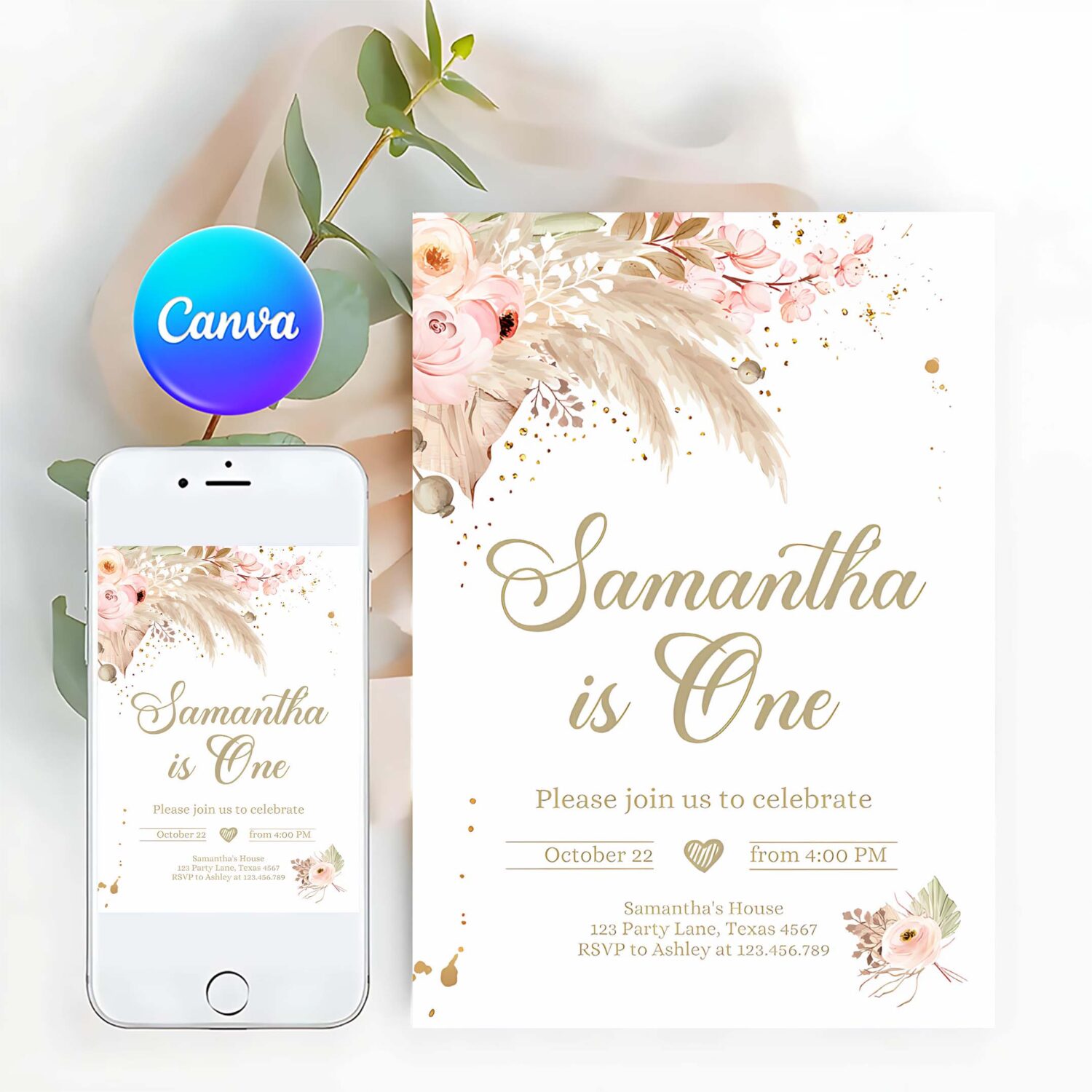 Editable pampas grass birthday invitation boho birthday invite bohemian girl muted rustic download printable invitation template corjl 0395