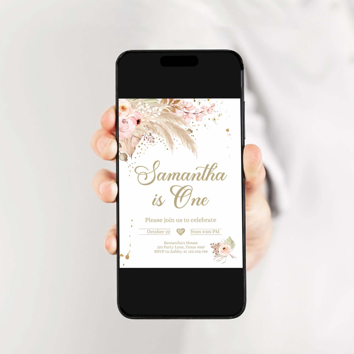 Editable pampas grass birthday invitation boho birthday invite bohemian girl muted rustic download printable invitation template corjl 0395 2