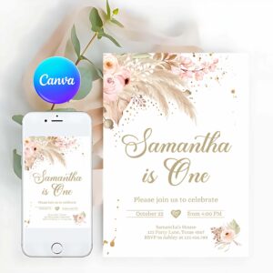 Boho Pampas Invitation, Pampas Grass Birthday Invitation