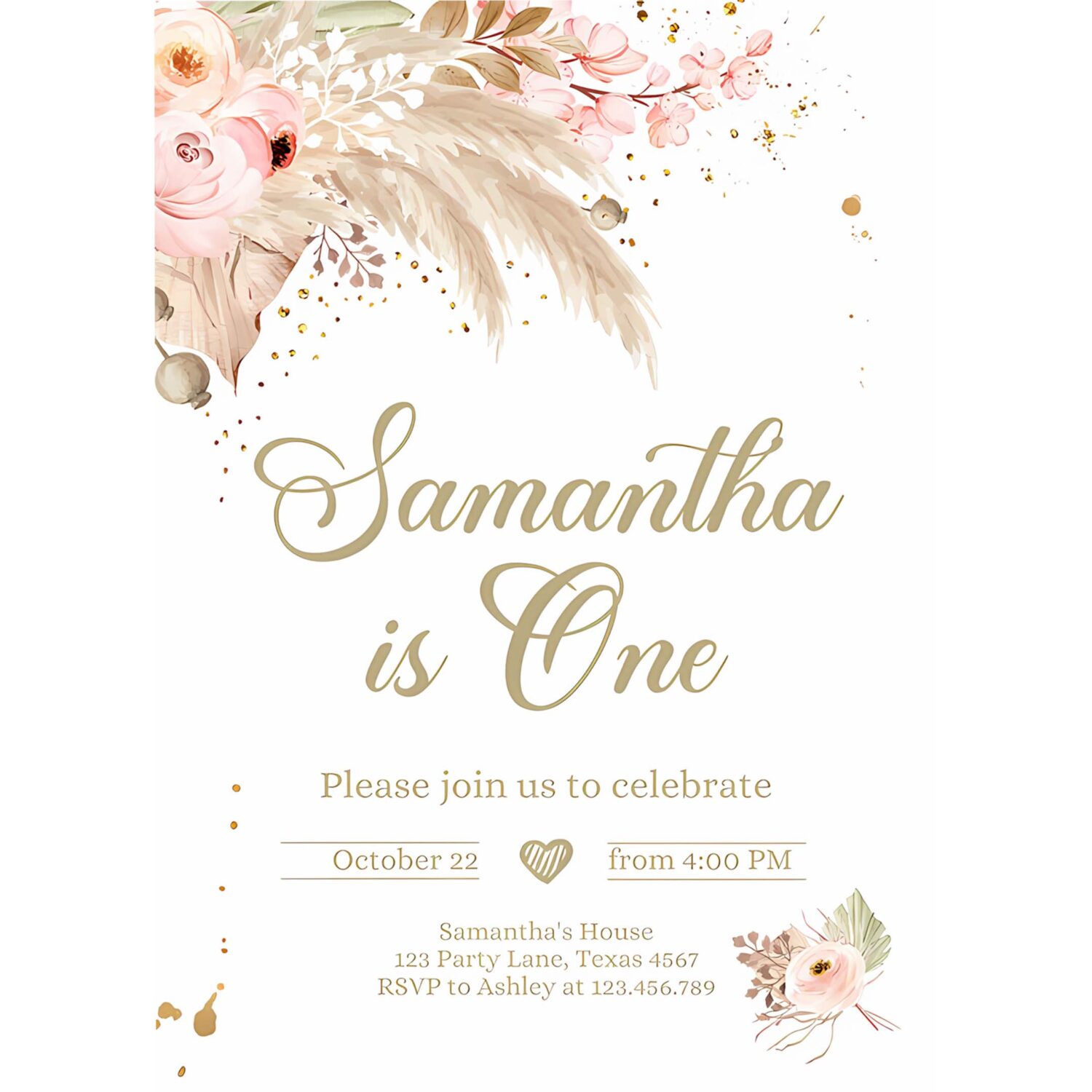 Editable pampas grass birthday invitation boho birthday invite bohemian girl muted rustic download printable invitation template corjl 0395 4