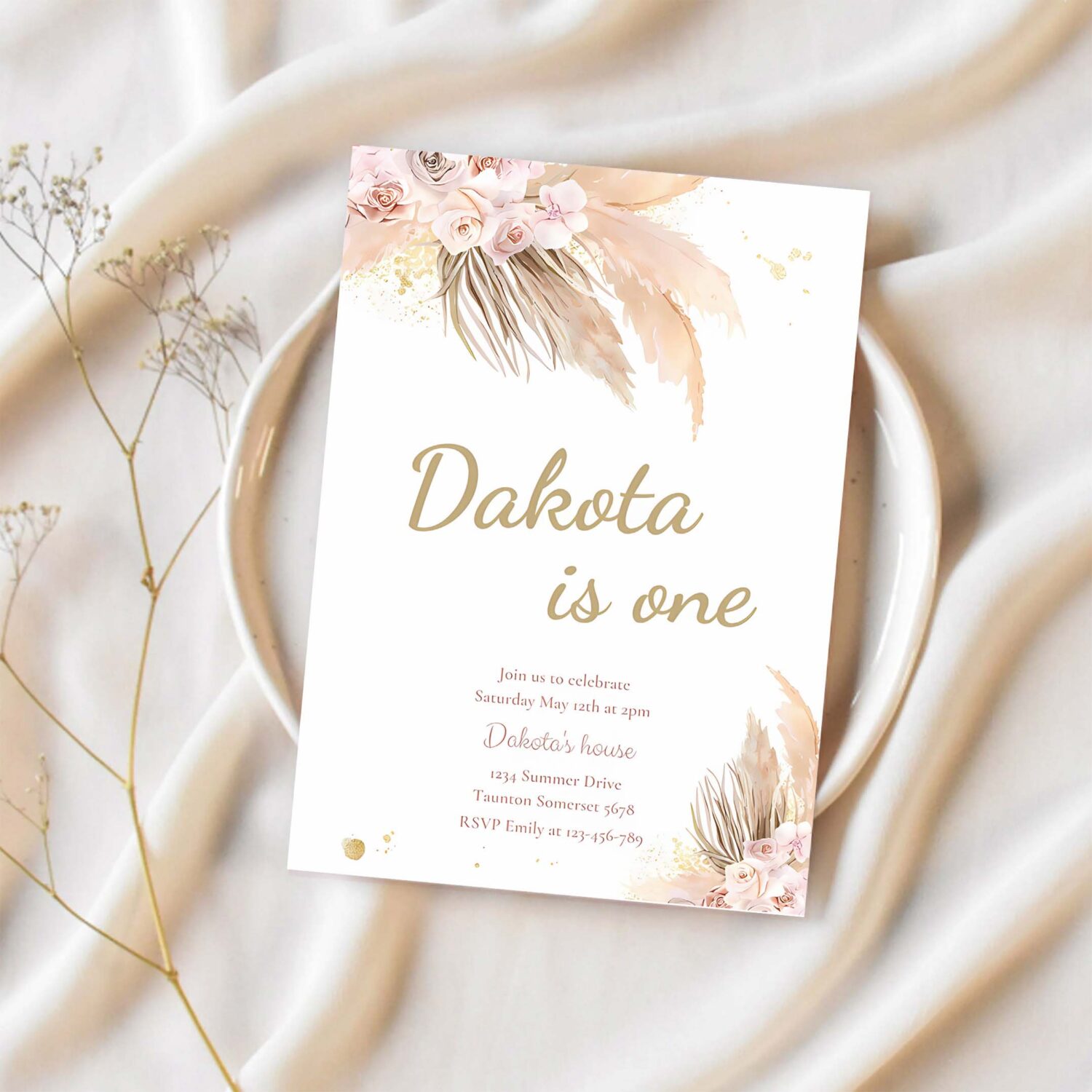 Editable pampas grass boho birthday invitation bohemian birthday party muted earthy tone birthday party desert birthday 1