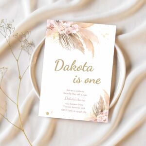 Editable pampas grass boho birthday invitation bohemian birthday party muted earthy tone birthday party desert birthday 1