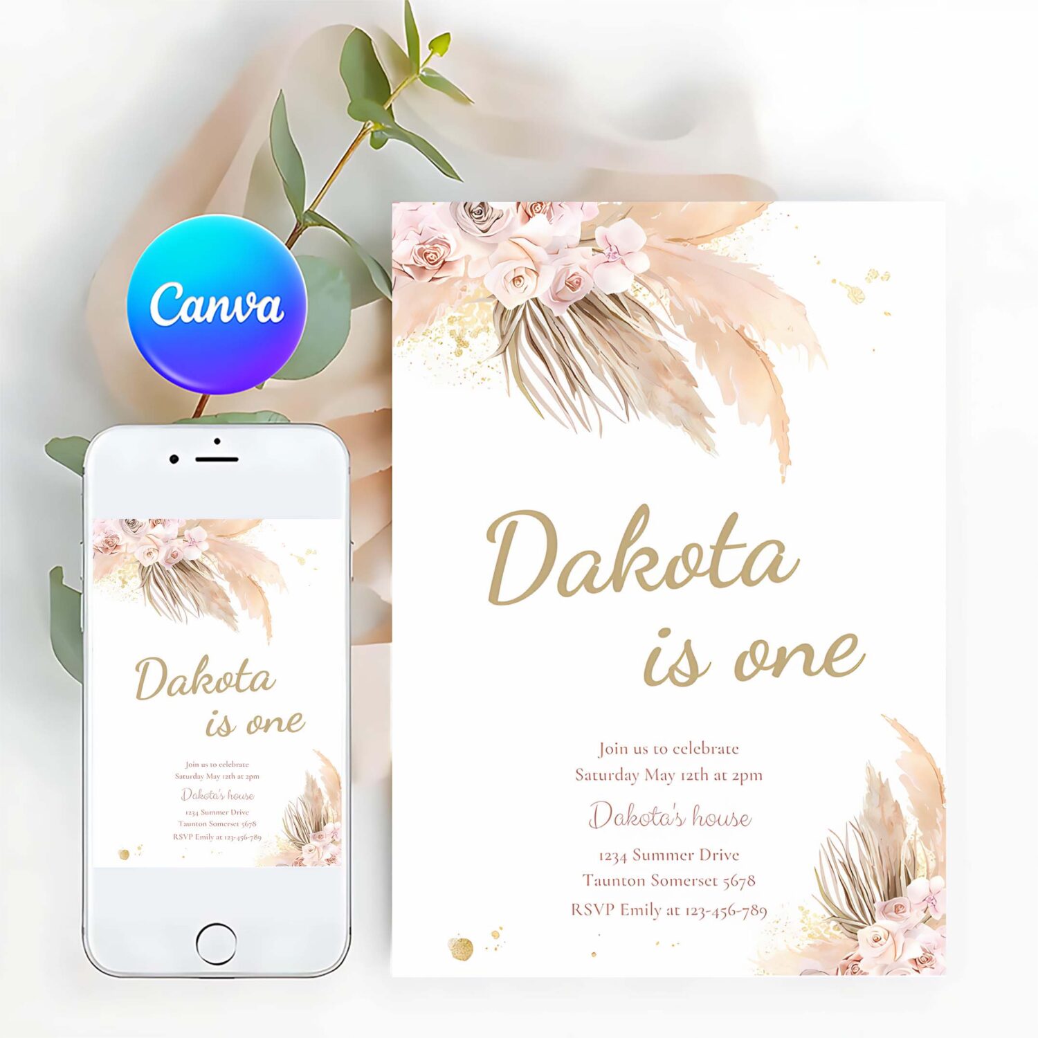 Editable pampas grass boho birthday invitation bohemian birthday party muted earthy tone birthday party desert birthday