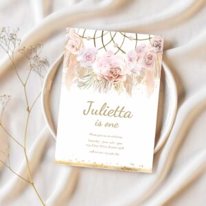 Editable pampas grass boho birthday invitation bohemian birthday party muted tones boho dreamcatcher tropical party 1