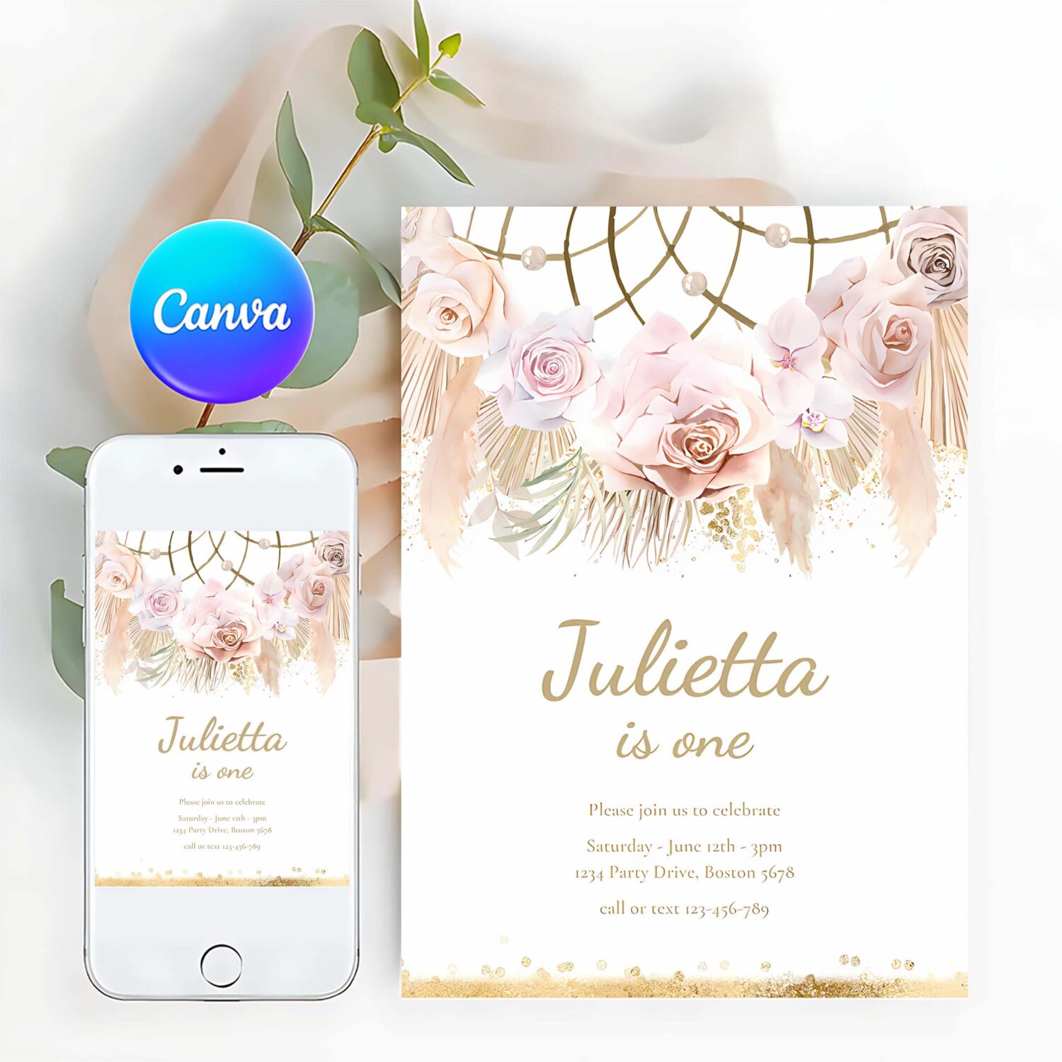 Editable pampas grass boho birthday invitation bohemian birthday party muted tones boho dreamcatcher tropical party