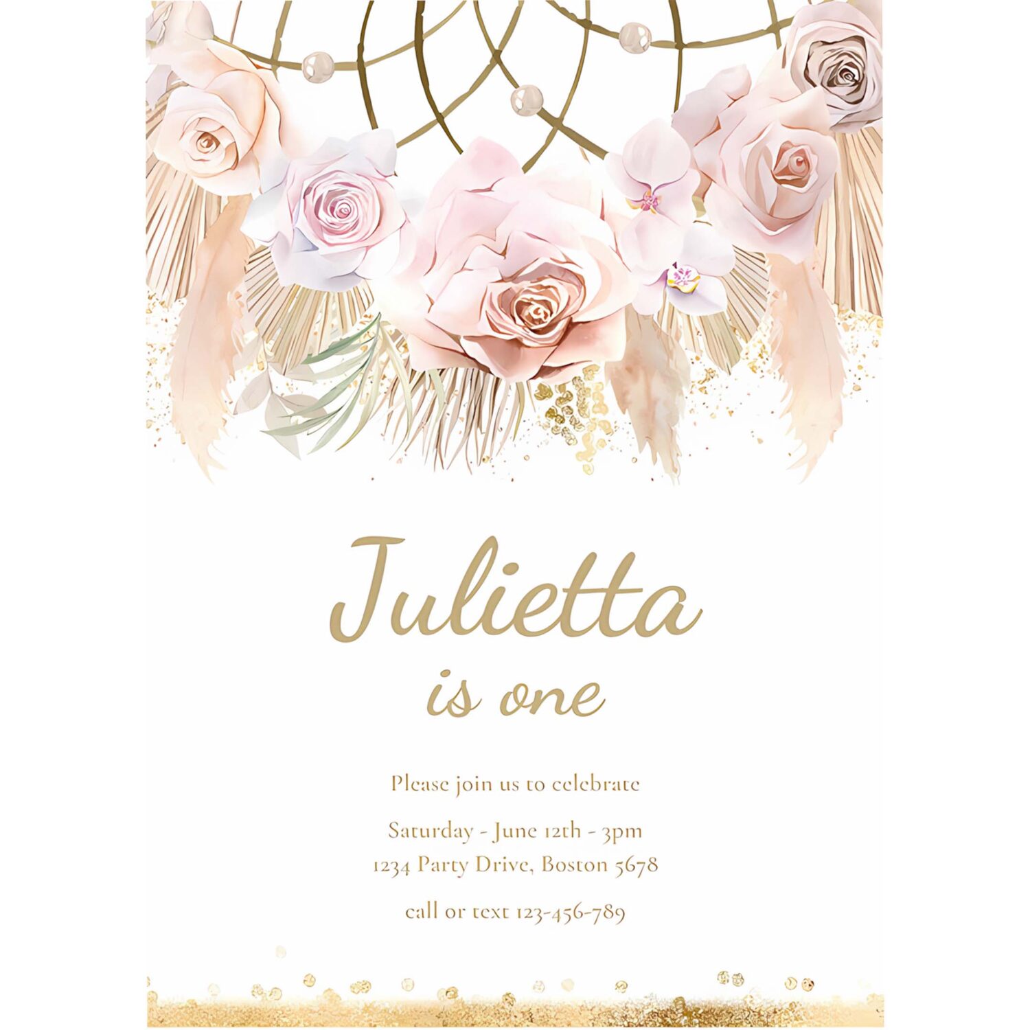 Editable pampas grass boho birthday invitation bohemian birthday party muted tones boho dreamcatcher tropical party 4