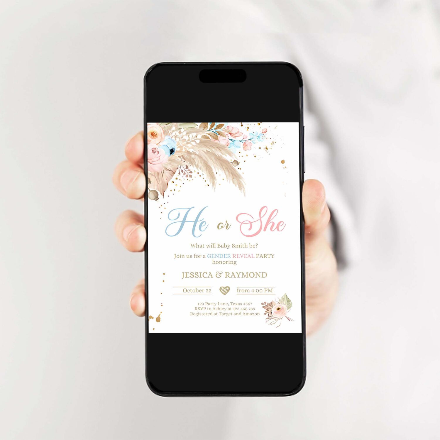 Editable pampas grass gender reveal party invitation boho gender reveal bohemian tropical desert download printable template corjl 0395 2
