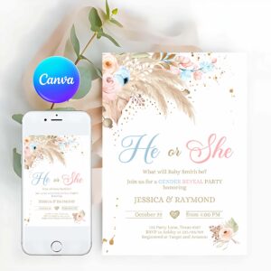 Boho Pampas Invitation, Pampas Grass Gender Reveal Party Invitation