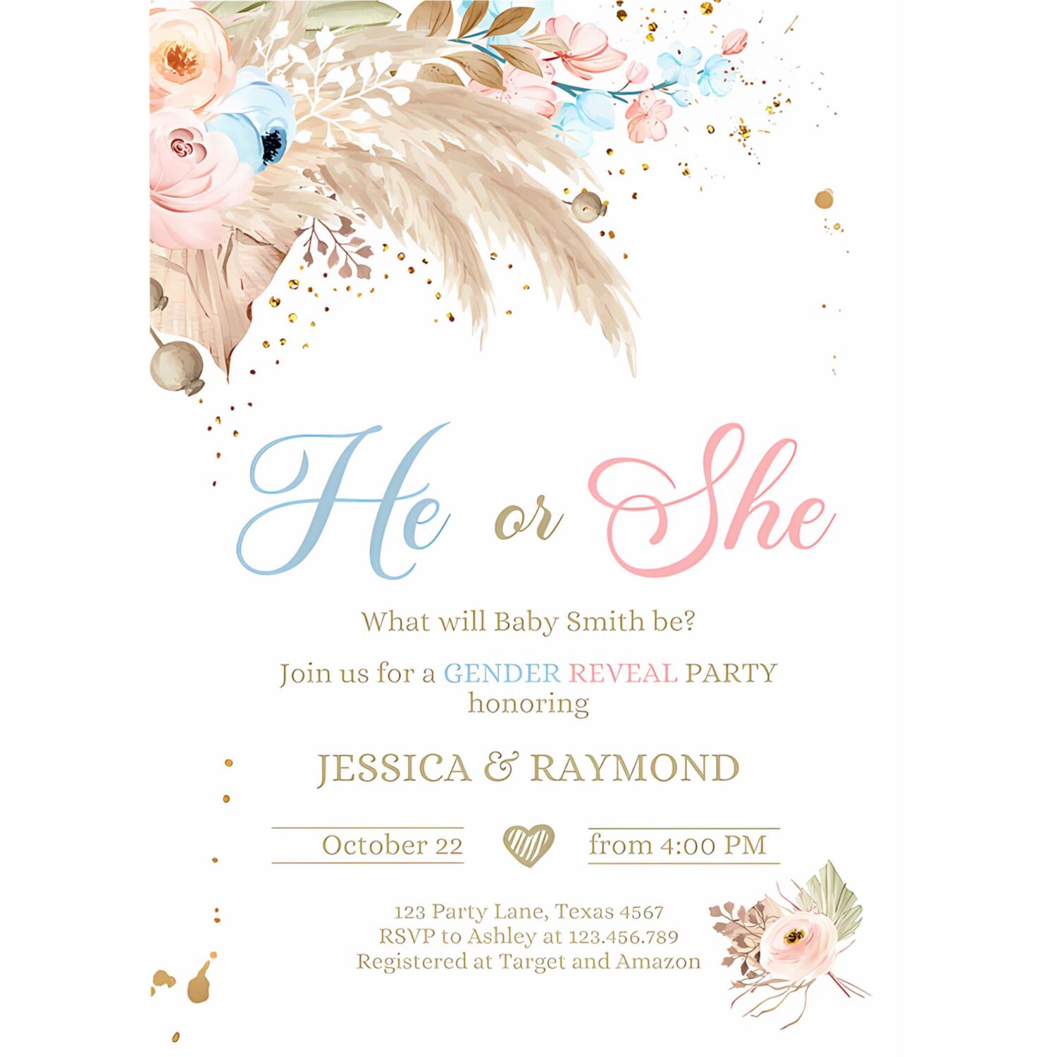 Editable pampas grass gender reveal party invitation boho gender reveal bohemian tropical desert download printable template corjl 0395 4