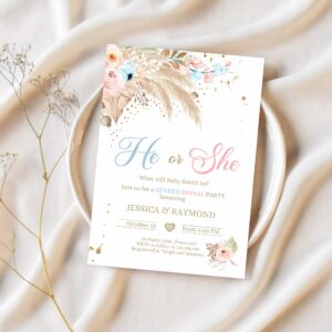 Editable pampas grass gender reveal party invitation boho gender reveal bohemian tropical desert printable template 1
