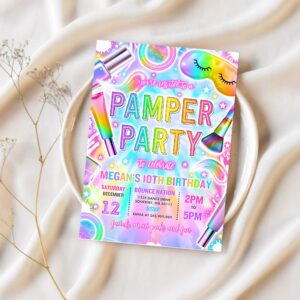 Editable pamper party birthday invitation neon glow pamper spa party invitation glitz and glam makeup neon glow party instant download tr9 1