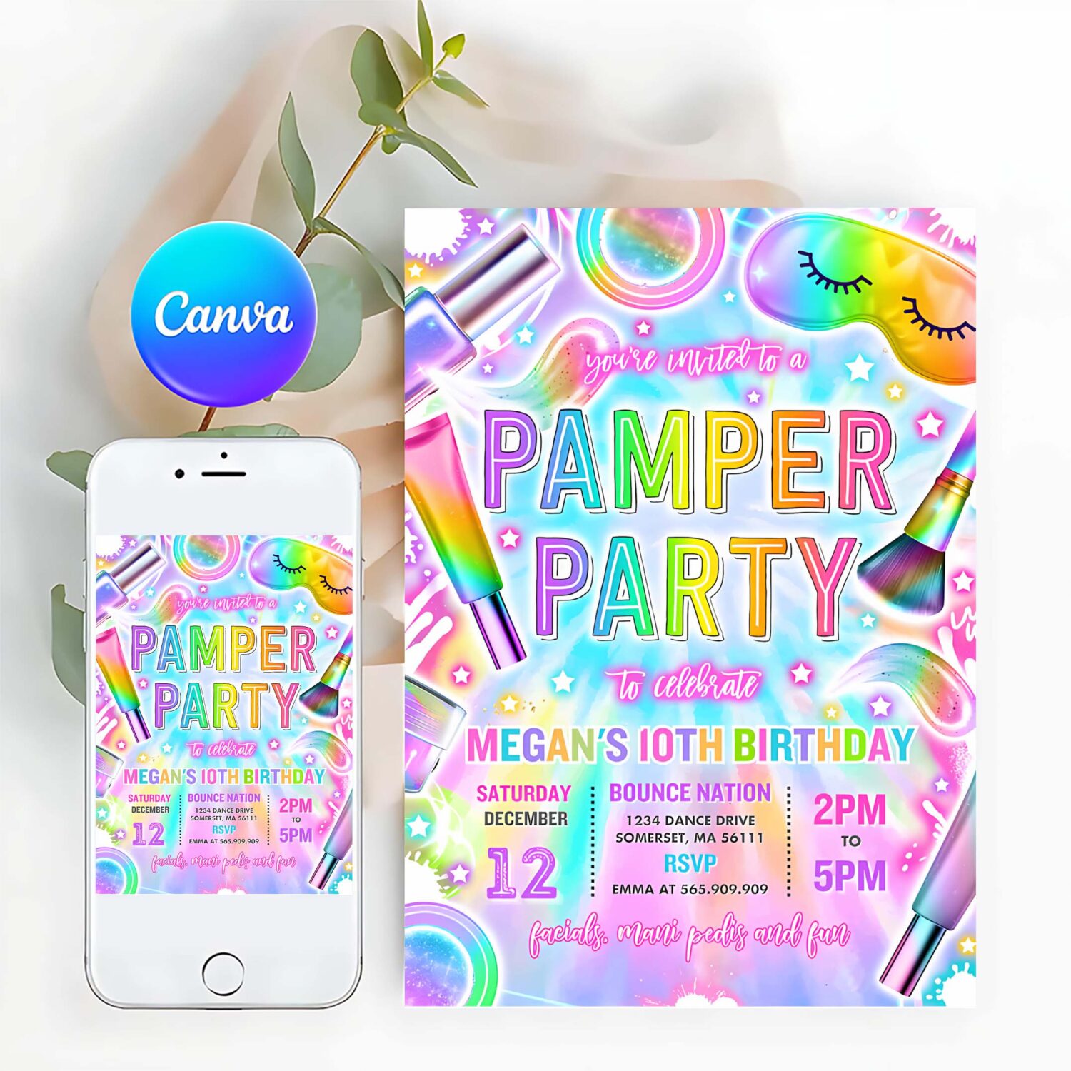 Editable pamper party birthday invitation neon glow pamper spa party invitation glitz and glam makeup neon glow party instant download tr9
