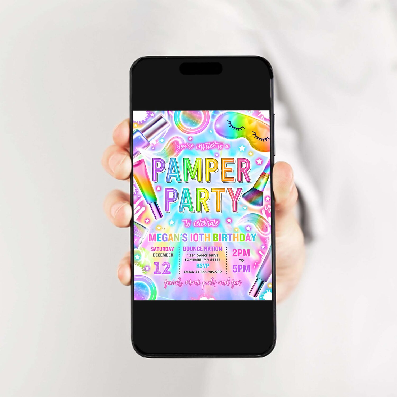 Editable pamper party birthday invitation neon glow pamper spa party invitation glitz and glam makeup neon glow party instant download tr9 2