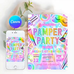Glitz And Glam Invitation, Pamper Party Birthday Invitation Neon Glow Pamper Spa Party Invitation Glitz and Glam Makeup Neon Glow Party