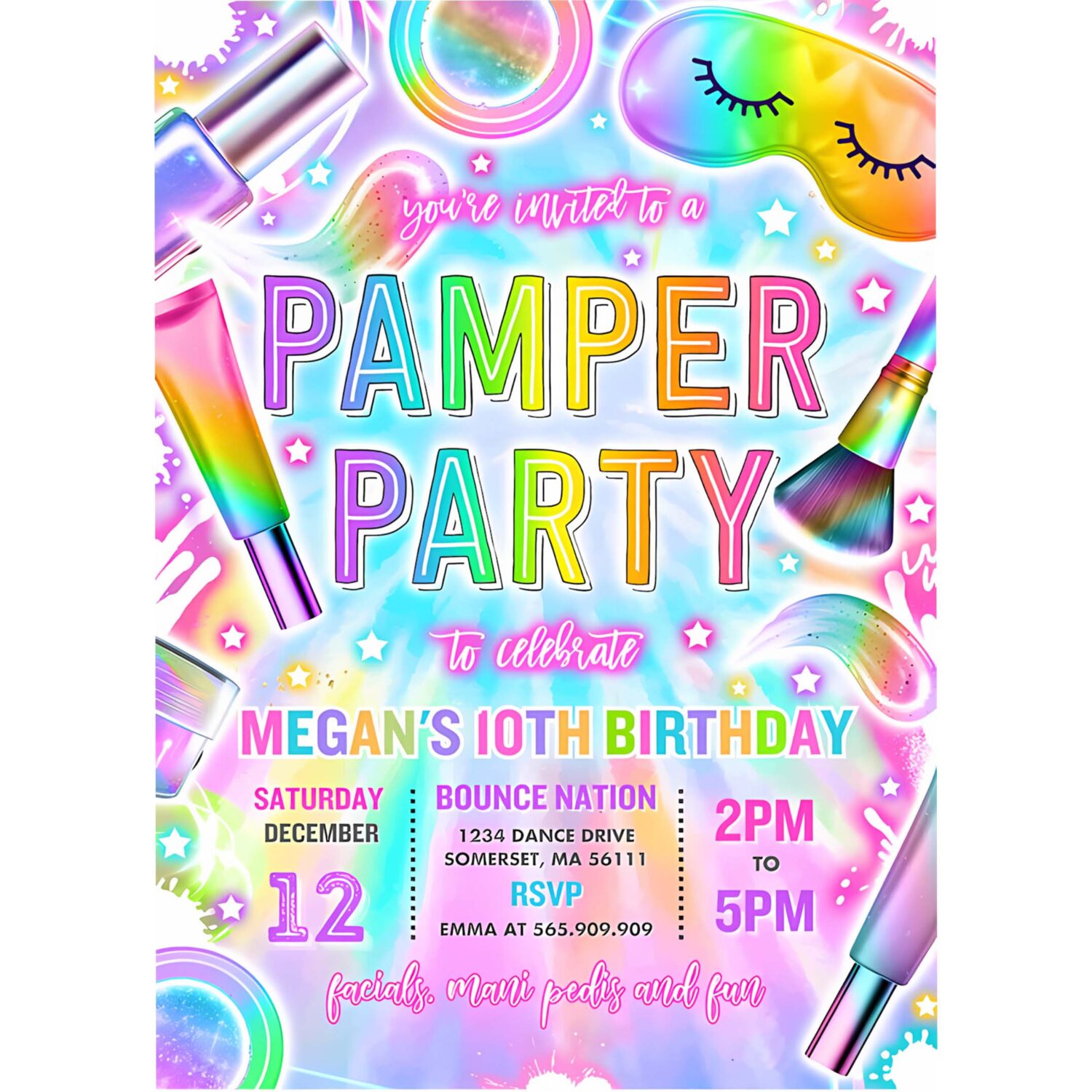 Editable pamper party birthday invitation neon glow pamper spa party invitation glitz and glam makeup neon glow party instant download tr9 4