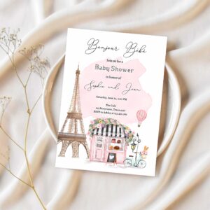 Editable paris baby shower invitation bonjour bebe french patisserie parisian eiffel tower floral pink printable template corjl digital 0441 1