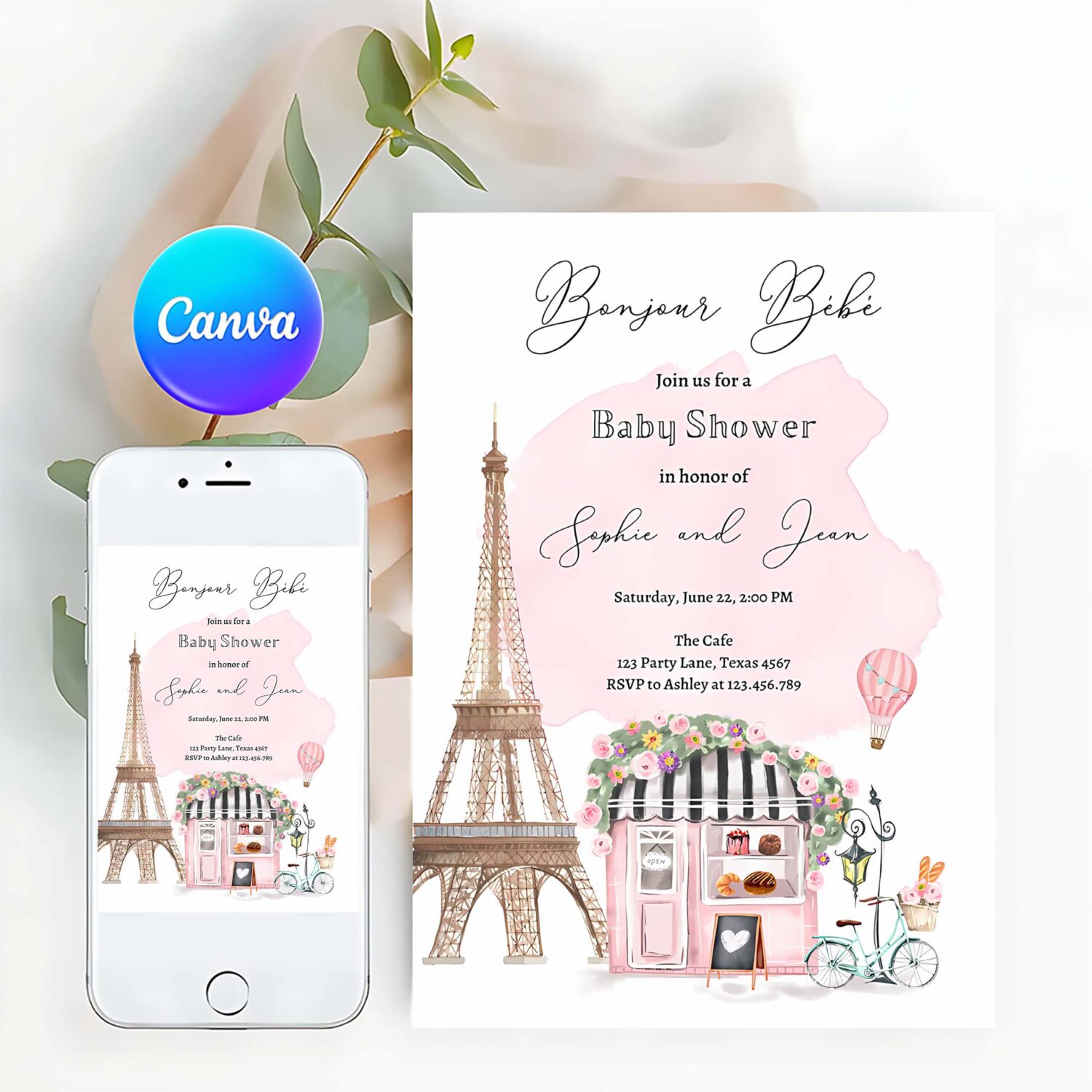 Editable paris baby shower invitation bonjour bebe french patisserie parisian eiffel tower floral pink printable template corjl digital 0441