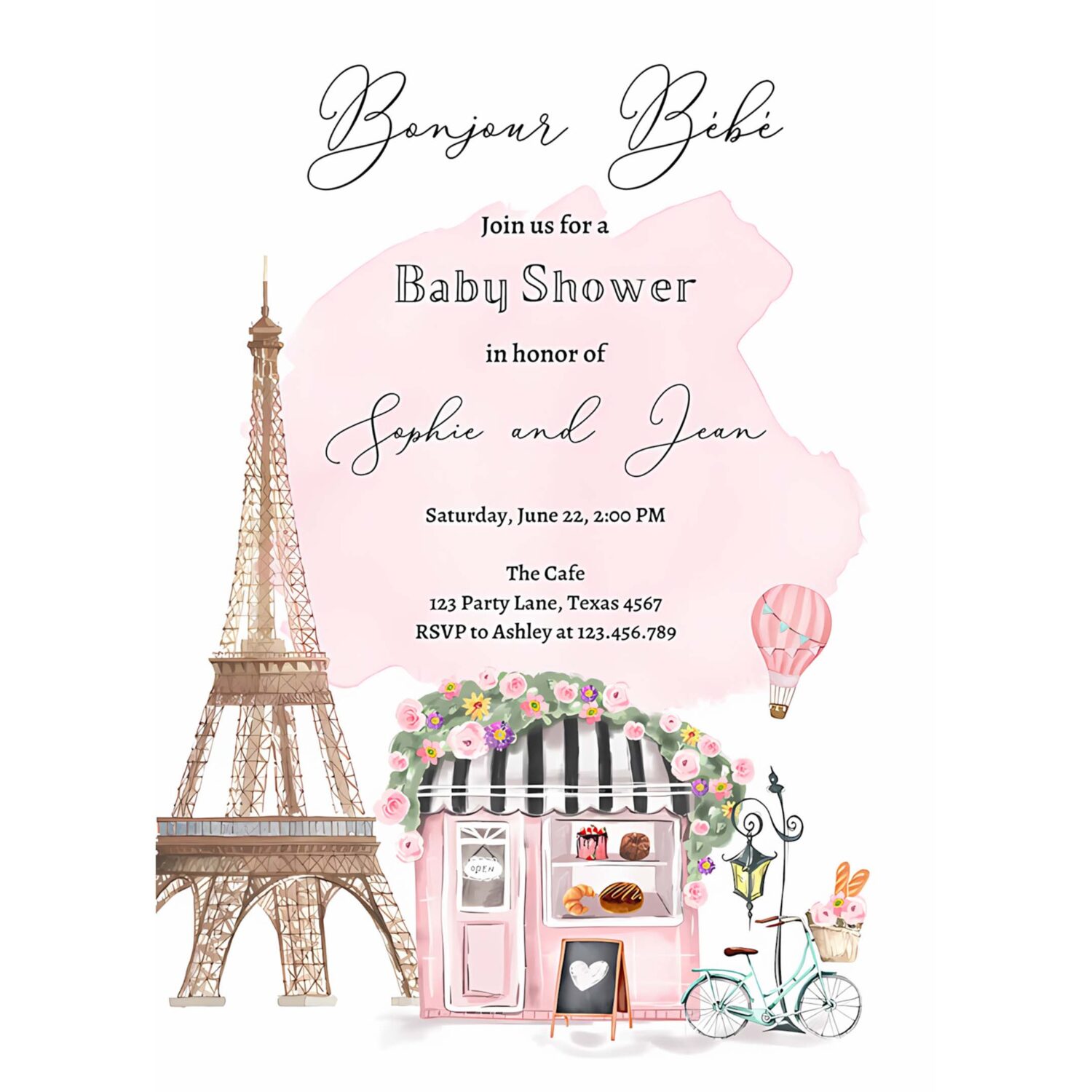 Editable paris baby shower invitation bonjour bebe french patisserie parisian eiffel tower floral pink printable template corjl digital 0441 4