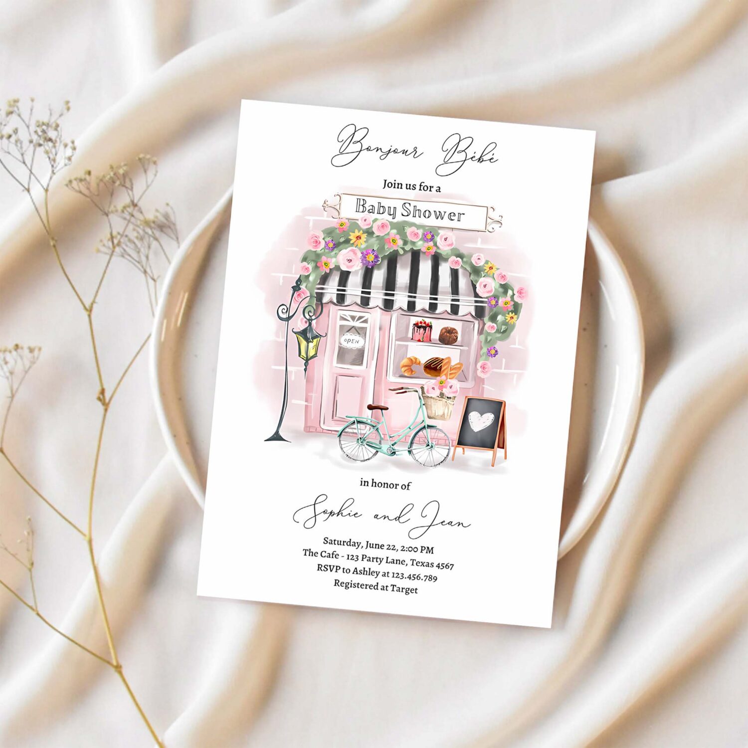 Editable paris baby shower invitation bonjour bebe french patisserie parisian tea party floral pink printable template corjl digital 0441 1