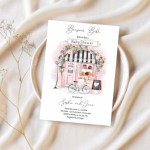 Editable paris baby shower invitation bonjour bebe french patisserie parisian tea party floral pink printable template corjl digital 0441 1